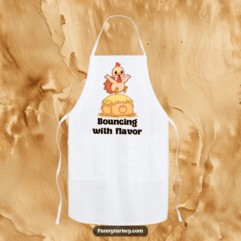 Funny Kawaii Turkey Apron showing a happy cartoon turkey leaping joyfully over a hay bale, perfect for humorous cooks.