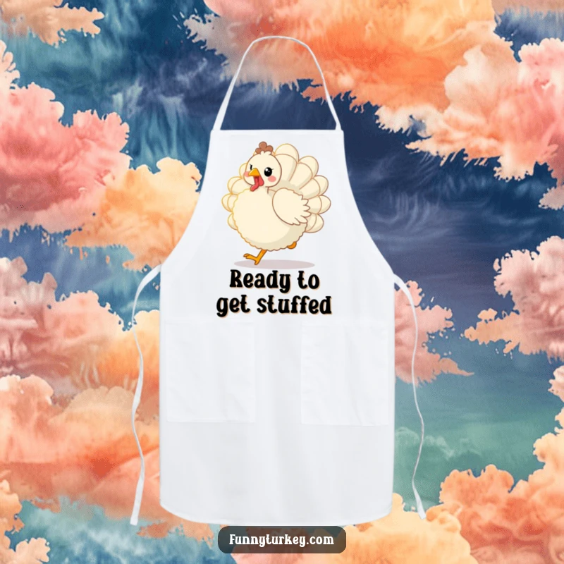Funny Kawaii Turkey Apron: Protect your clothes while cooking with this cute apron featuring a fluffy bird trotting joyfully, a funny kitchen essential.