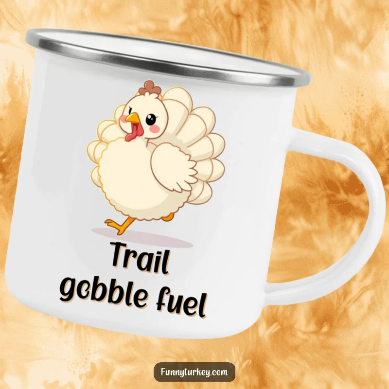 Funny Kawaii Turkey Camping Mug: Sturdy mug featuring a fluffy bird trotting joyfully, ideal for sipping coffee on outdoor adventures with a funny twist.
