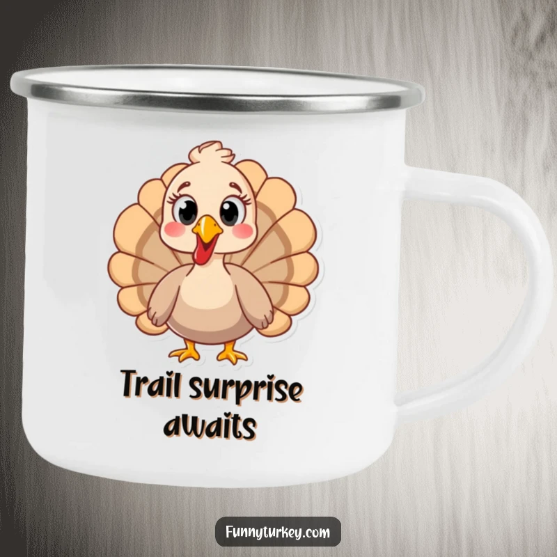 Enamel camping mug featuring a funny turkey with wide eyes in surprise, perfect for outdoor drinks and laughs.