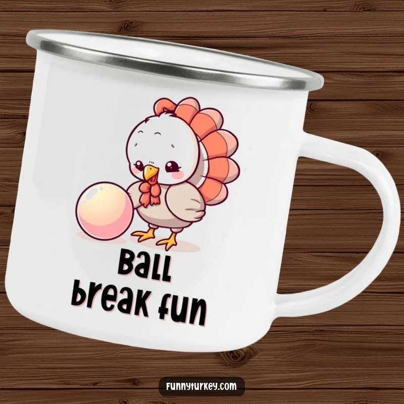 Funny Turkey Camping Mug: A playful kawaii turkey pecks curiously at a shiny ball, designed for humorous outdoor enjoyment.