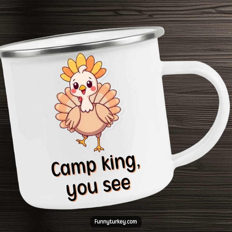 Funny Kawaii Turkey Camping Mug with a proud cartoon turkey in a decorative headdress, perfect for humorous outdoor moments.