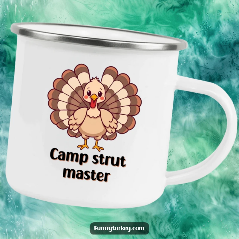 Enamel camping mug featuring a funny cartoon turkey in a proud strut, perfect for outdoor laughs and drinks.