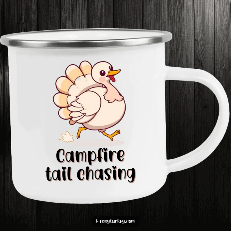 Funny Camping Mug: A turkey chases its tail, ideal for humorous outdoor enjoyment and silly campfire stories.