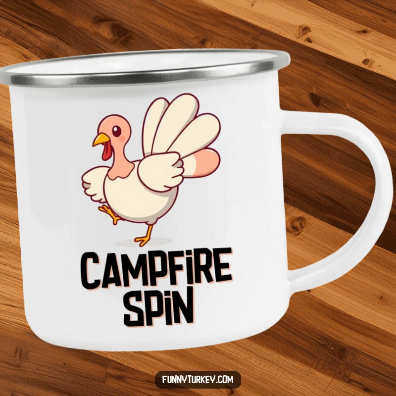 Funny Turkey Camping Mug: A cute kawaii turkey spins happily with wings spread, designed for festive and humorous outdoor sips.