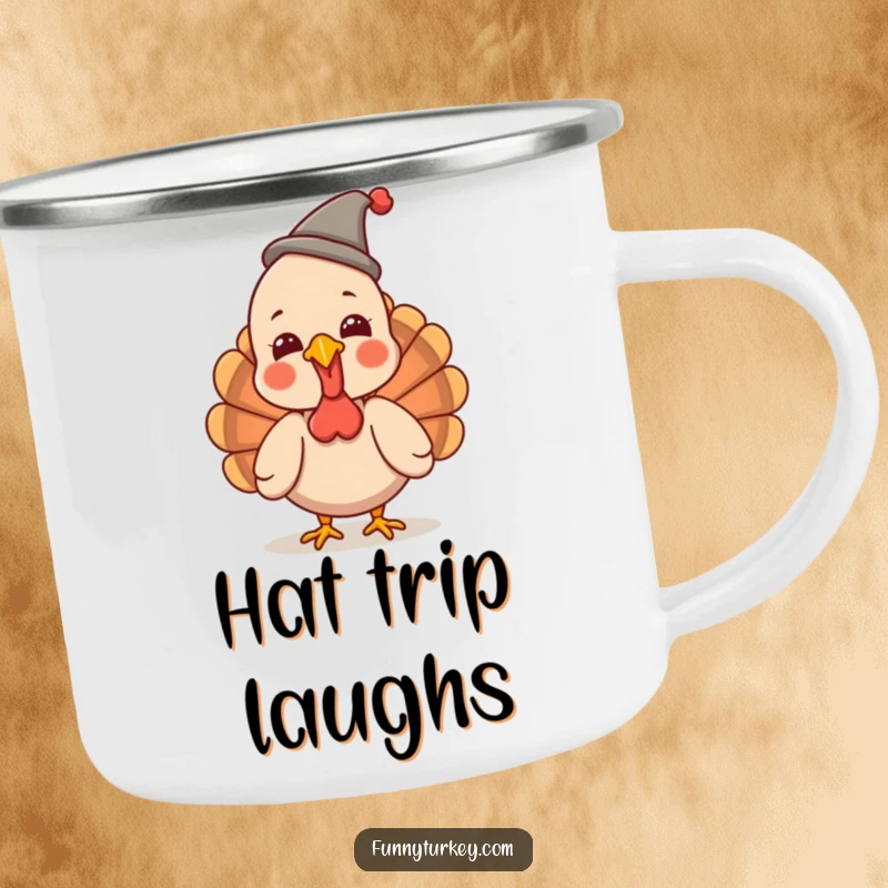 Funny Turkey Camping Mug: A kawaii turkey giggles wearing a small, funny hat, designed for humorous outdoor enjoyment.