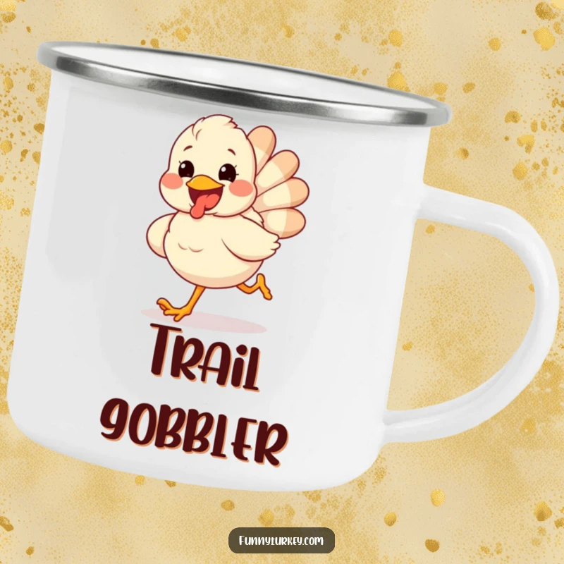Funny camping mug showing a fluffy turkey running with an excited grin, ideal for enjoying drinks outdoors during holidays.