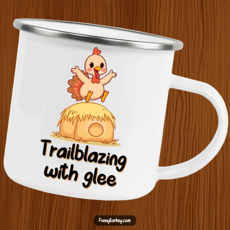 Funny Kawaii Turkey Camping Mug with a happy cartoon turkey leaping over a hay bale, ideal for humorous outdoor enjoyment.