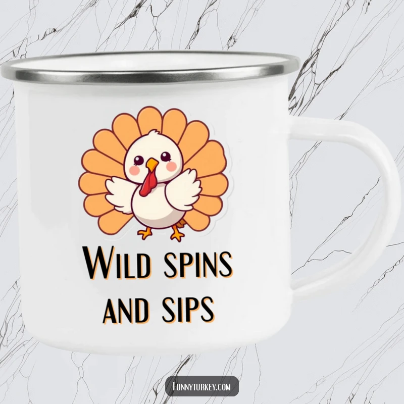 Funny Kawaii Turkey Camping Mug depicting a joyful cartoon turkey spinning, ideal for outdoor humor and morning brews.