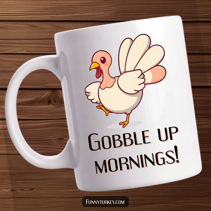 Funny Happy Turkey Mug: A cute kawaii turkey is spinning joyfully with its wings spread wide, celebrating in a humorous, festive manner.