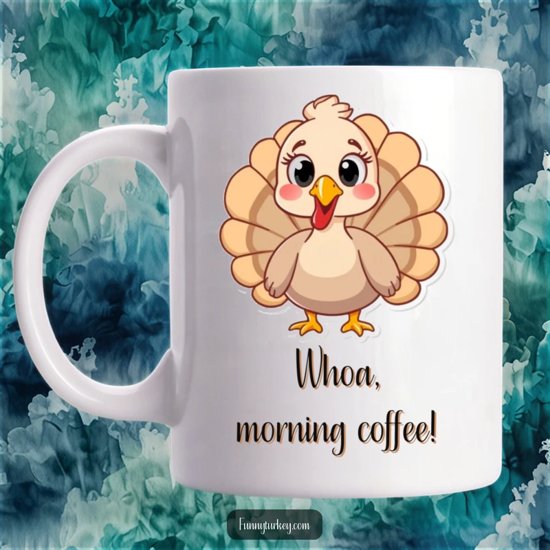 Funny turkey with comically wide-open eyes, expressing pure surprise on a coffee mug.