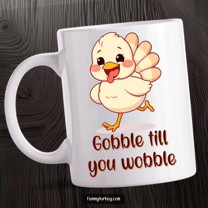 Funny mug featuring a fluffy turkey with a massive, excited grin running with pure glee, perfect for holiday enthusiasts.
