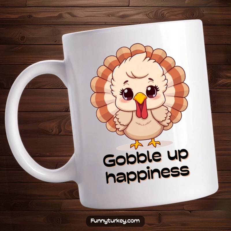 Funny mug featuring a cartoon turkey with ruffled feathers, wide eyes, and a happy surprised expression, ready to bring cheer.