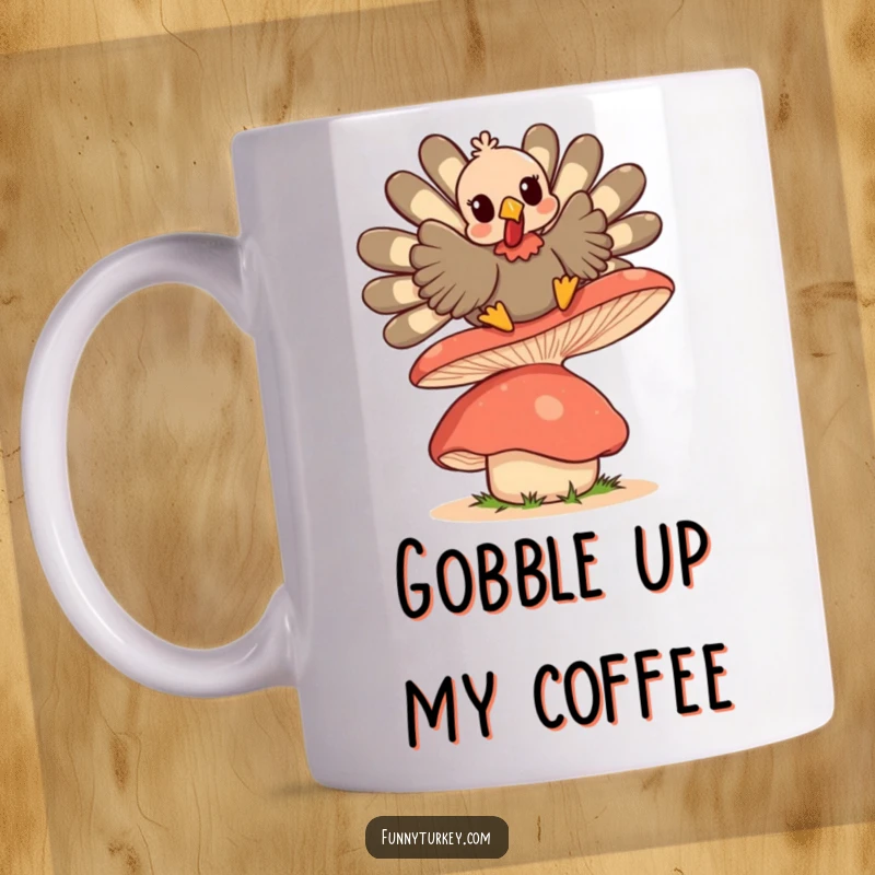 Funny Kawaii Turkey mug, a cute turkey character joyfully bouncing on a large, wobbly mushroom, looking delighted.