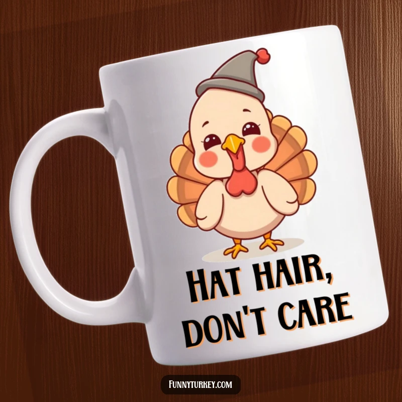 Funny Giggling Turkey Mug: A kawaii turkey is giggling heartily while wearing a small, funny hat, radiating pure, humorous joy.