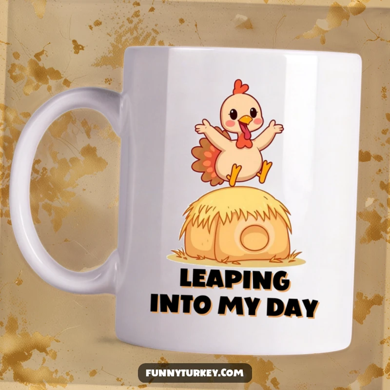 Funny Kawaii Turkey Mug with a happy cartoon turkey joyfully leaping over a small hay bale, perfect for holiday cheer.