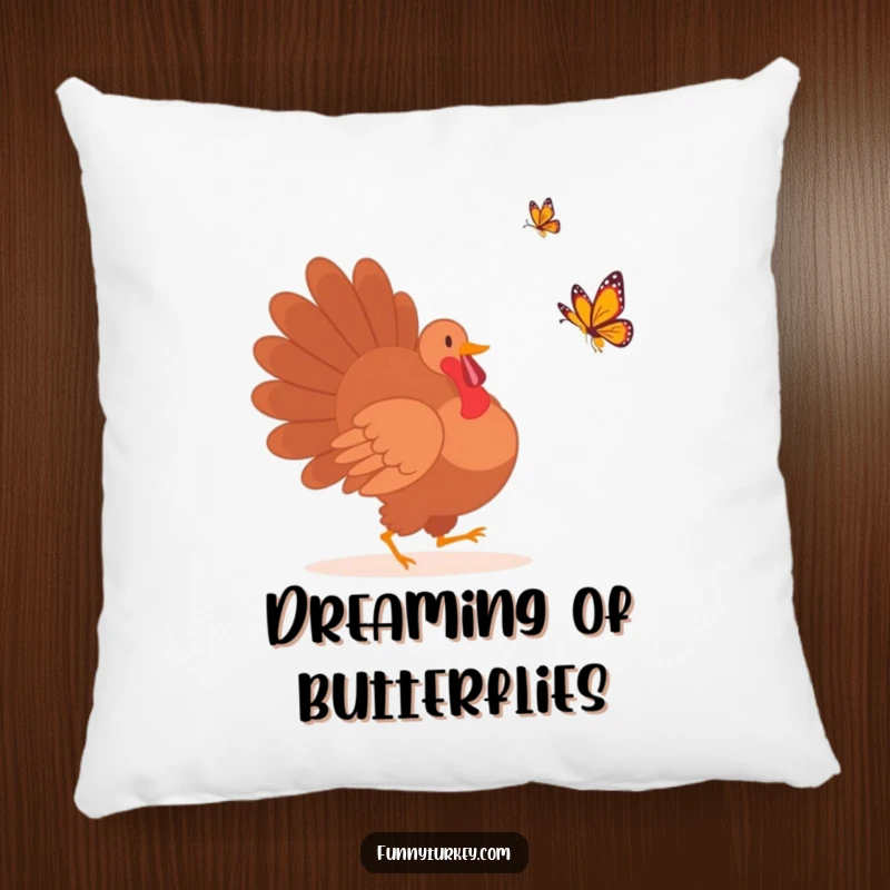Plush pillow displaying a funny turkey silhouette in pursuit of a vibrant butterfly, offering comfort and humor.