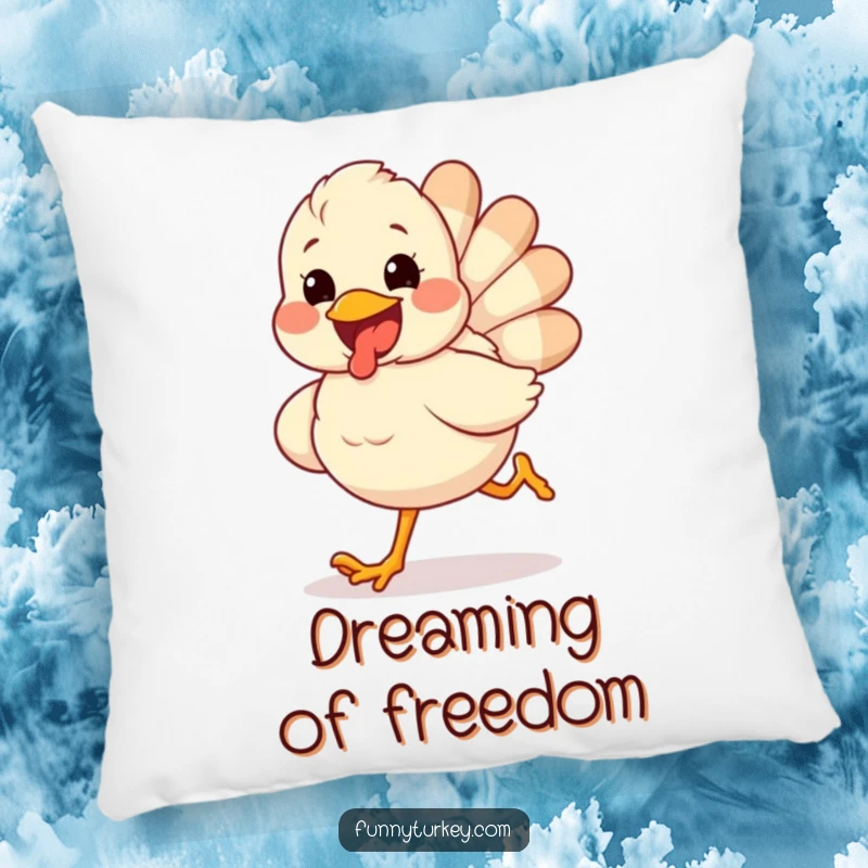 Funny pillow featuring a fluffy turkey running with an excited grin, providing comfortable and festive holiday decor.
