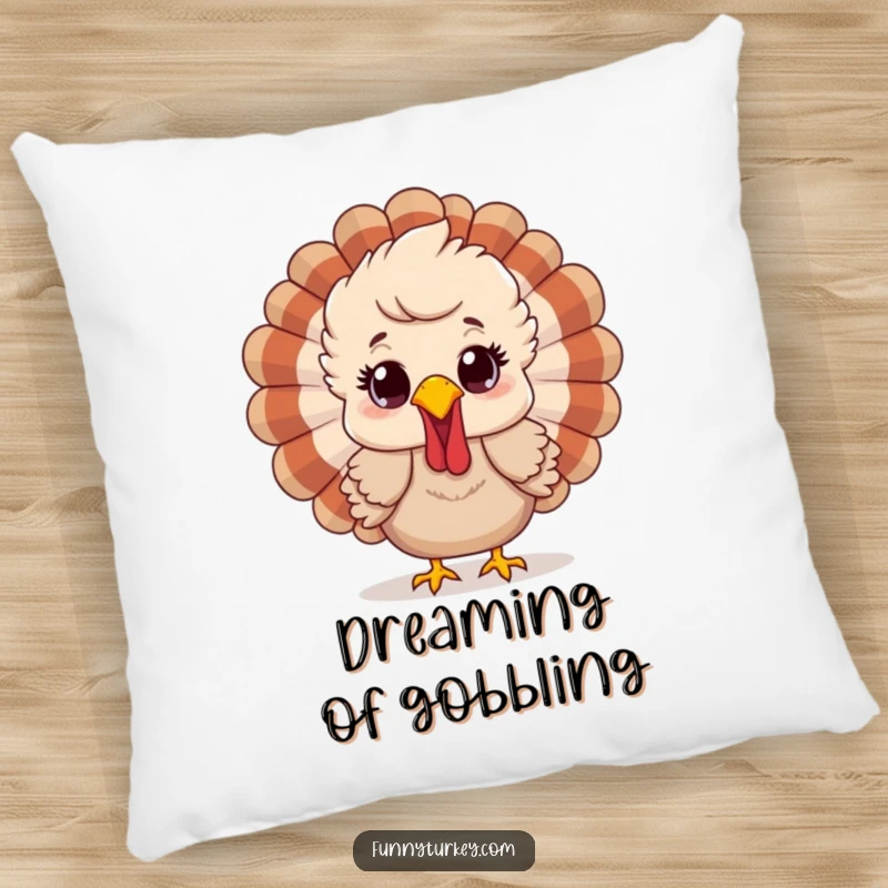 Funny pillow showcasing a cartoon turkey with ruffled feathers and a happy surprised look, offering soft, humorous holiday comfort.