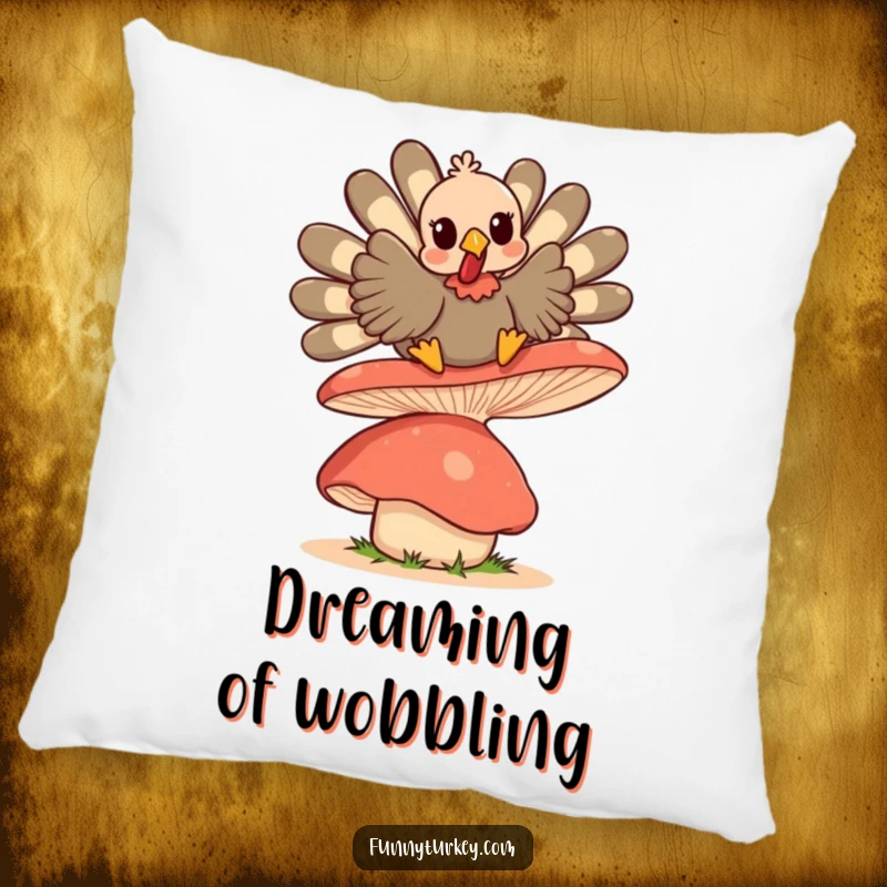 Funny Kawaii Turkey pillow, a cute turkey character bouncing on a large, wobbly mushroom, offering plush comfort.