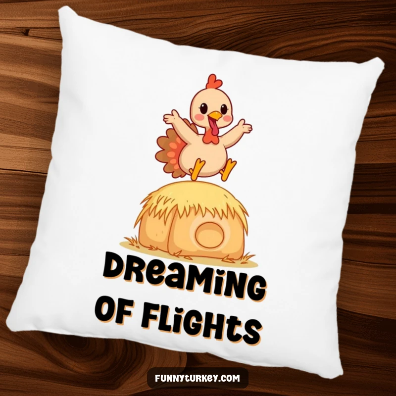 Funny Kawaii Turkey Pillow featuring a happy cartoon turkey joyfully leaping over a hay bale, adding humorous comfort.