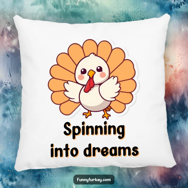 Funny Kawaii Turkey Pillow with a cute, happy cartoon turkey spinning with joy, adding humorous comfort to any room.
