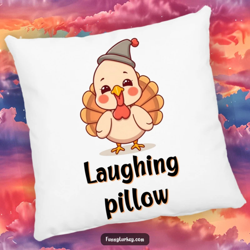 Funny Turkey Pillow: A kawaii turkey giggles heartily wearing a small, funny hat, offering comfort and humorous joy.