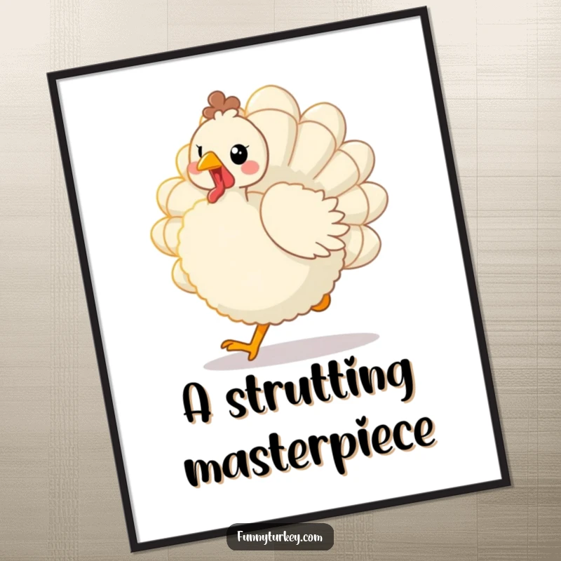 Funny Kawaii Turkey Digital Art Print: High-resolution image of a fluffy bird trotting joyfully with fanned tail feathers, perfect for instant funny decor.