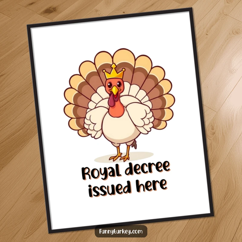 Funny Digital Art Print: A turkey struts with a tiny crown, depicted in a humorous and regal artistic style.
