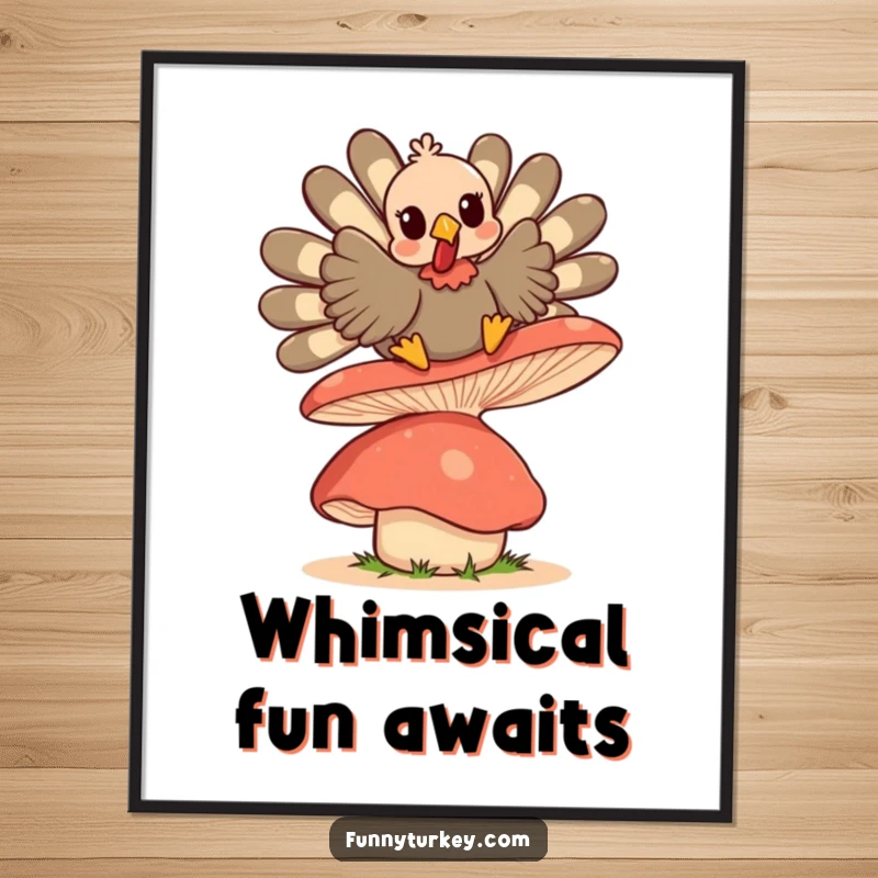 Funny Kawaii Turkey digital art print, a cute turkey character bouncing on a large, wobbly mushroom, vibrant and full of life.