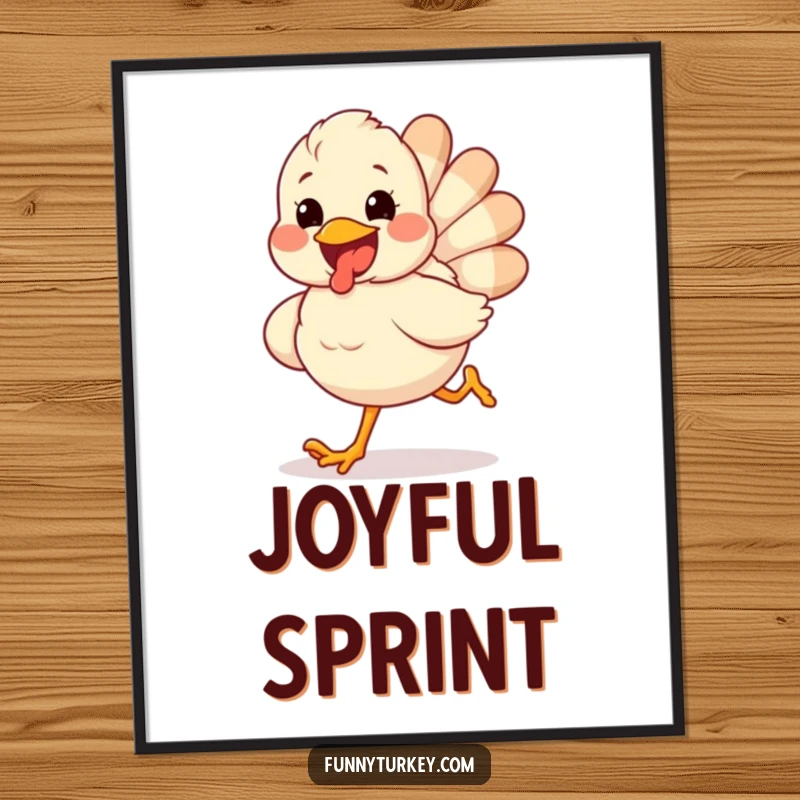 Funny digital art print of a fluffy turkey running with a wide excited grin, ideal for printable holiday wall decor.