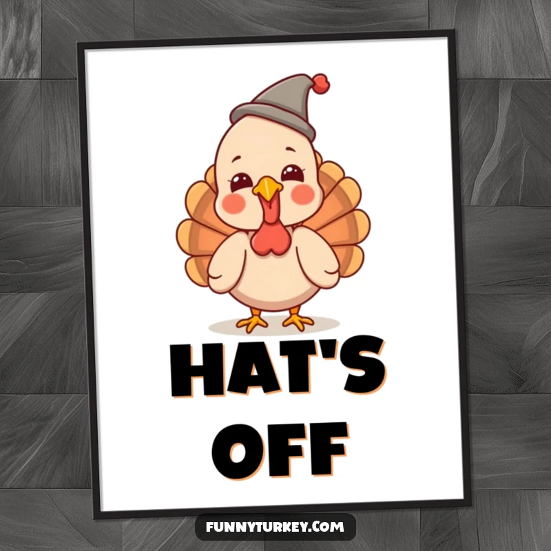 Funny Turkey Digital Art Print: A kawaii turkey giggles heartily wearing a small, funny hat, creating humorous and engaging downloadable wall art.