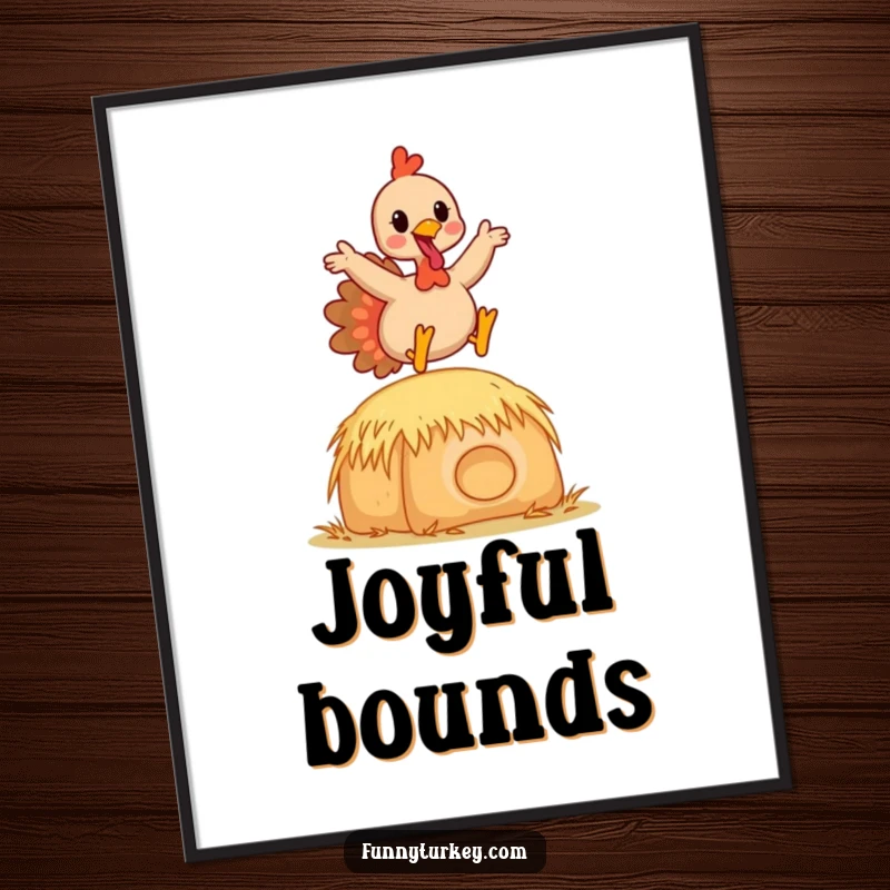 Funny Kawaii Turkey Digital Art Print of a happy cartoon turkey leaping joyfully over a hay bale, perfect for humorous decor.