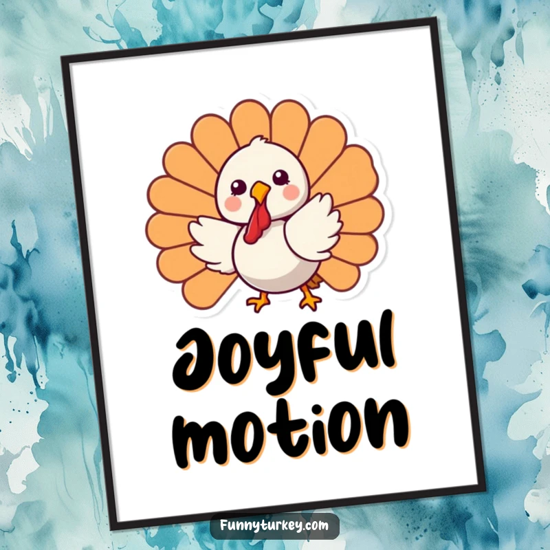 Funny Kawaii Turkey Digital Art Print of a happy cartoon turkey spinning joyfully, perfect for humorous and festive digital displays.