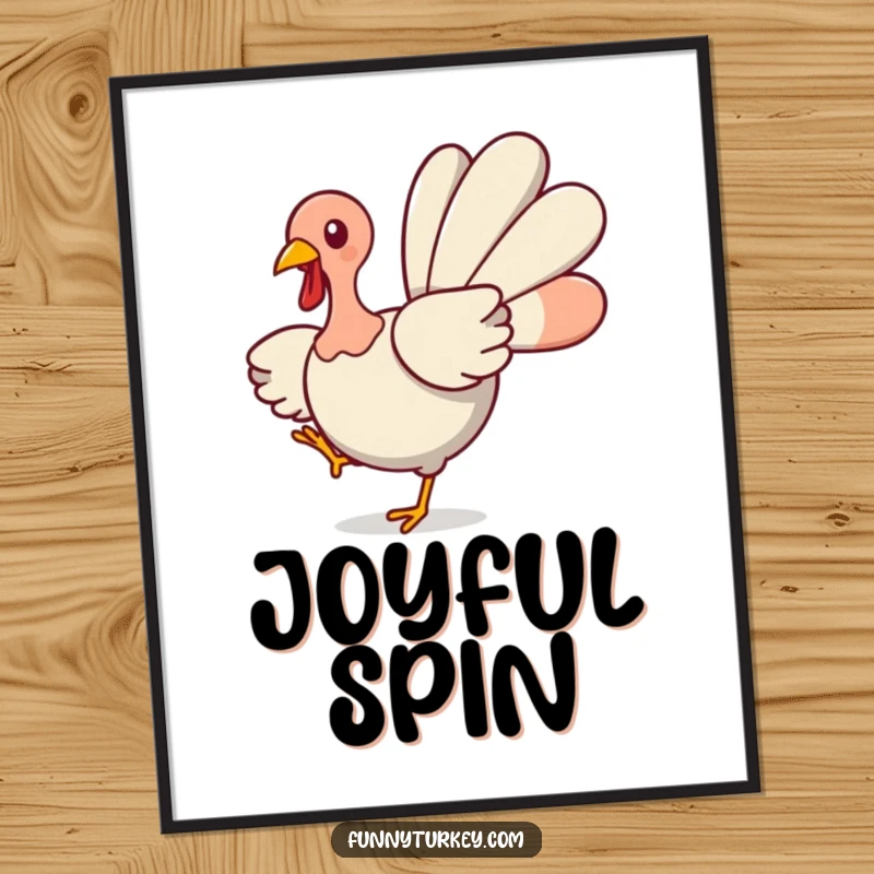 Funny Turkey Digital Art Print: A cute kawaii turkey spins with wings spread wide, creating festive and humorous downloadable wall art.