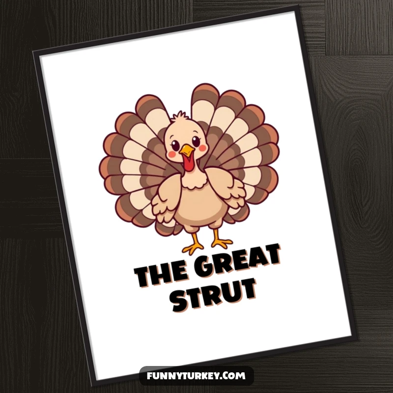 High-resolution digital art print of a funny cartoon turkey in a magnificent strut, ready to adorn any space.