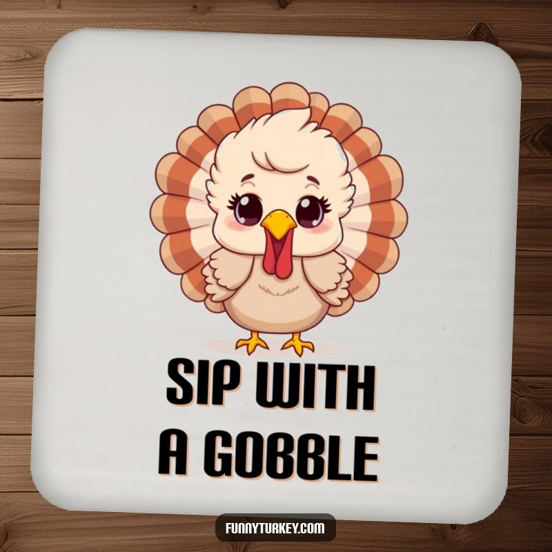 Funny coaster featuring a cartoon turkey with ruffled feathers and a happy surprised look, perfect for adding festive fun.