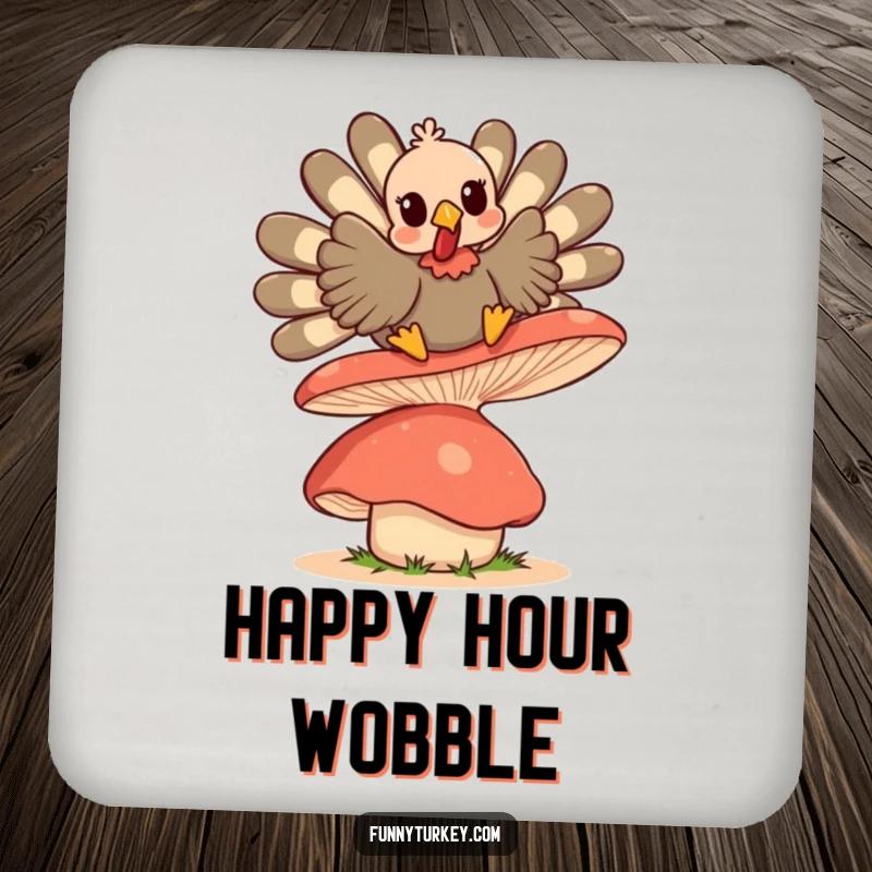 Funny Kawaii Turkey coaster, a cute turkey character bouncing on a large, wobbly mushroom, protecting your table with joy.