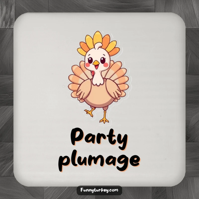 Funny Kawaii Turkey Coaster featuring a proud cartoon turkey wearing a fancy headdress, ideal for humorous and elegant surface protection.