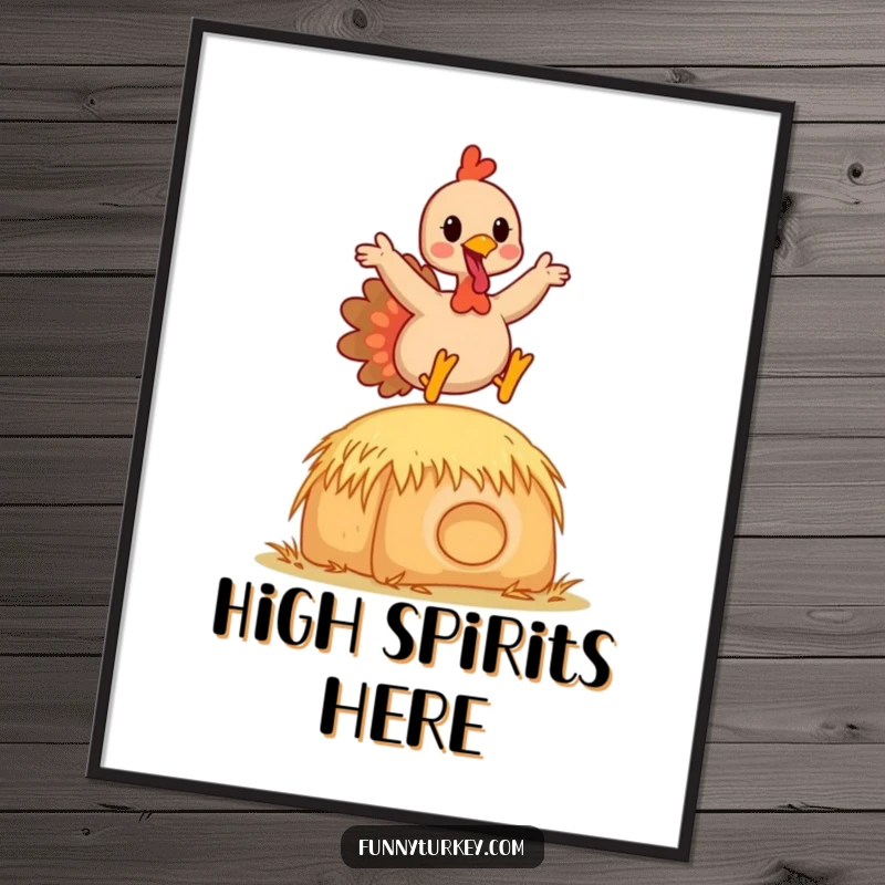 Funny Kawaii Turkey Poster depicting a happy cartoon turkey energetically leaping over a hay bale, perfect for humorous wall art.