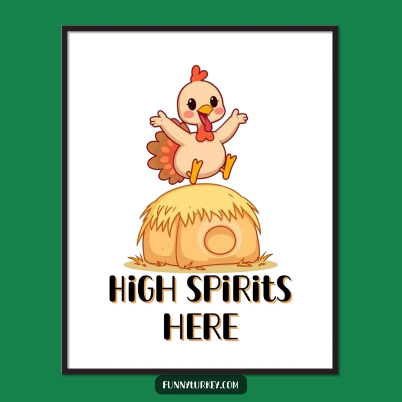 Funny Kawaii Turkey Hay Bale Poster: Joyful Leaping Art for Festive Walls