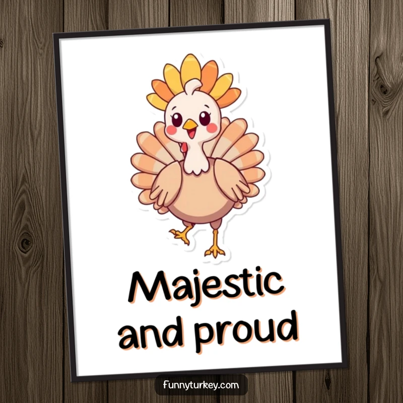Funny Kawaii Turkey Poster depicting a delighted turkey in a fancy headdress, proudly strutting, perfect for humorous wall decor.
