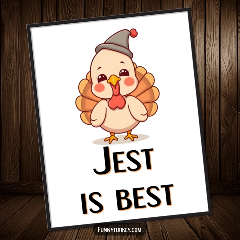 Funny Turkey Poster: A kawaii turkey giggles heartily wearing a small, funny hat, creating engaging and humorous party wall art.
