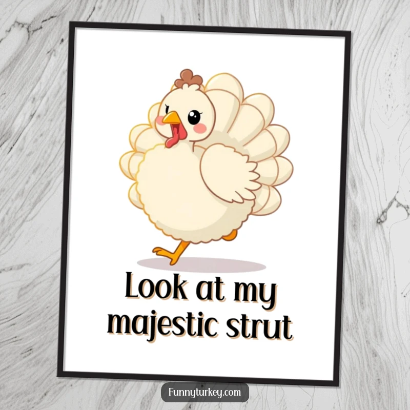 Funny Kawaii Turkey Poster: High-quality print of a fluffy bird joyfully trotting with fanned tail feathers, adding funny charm to any room.