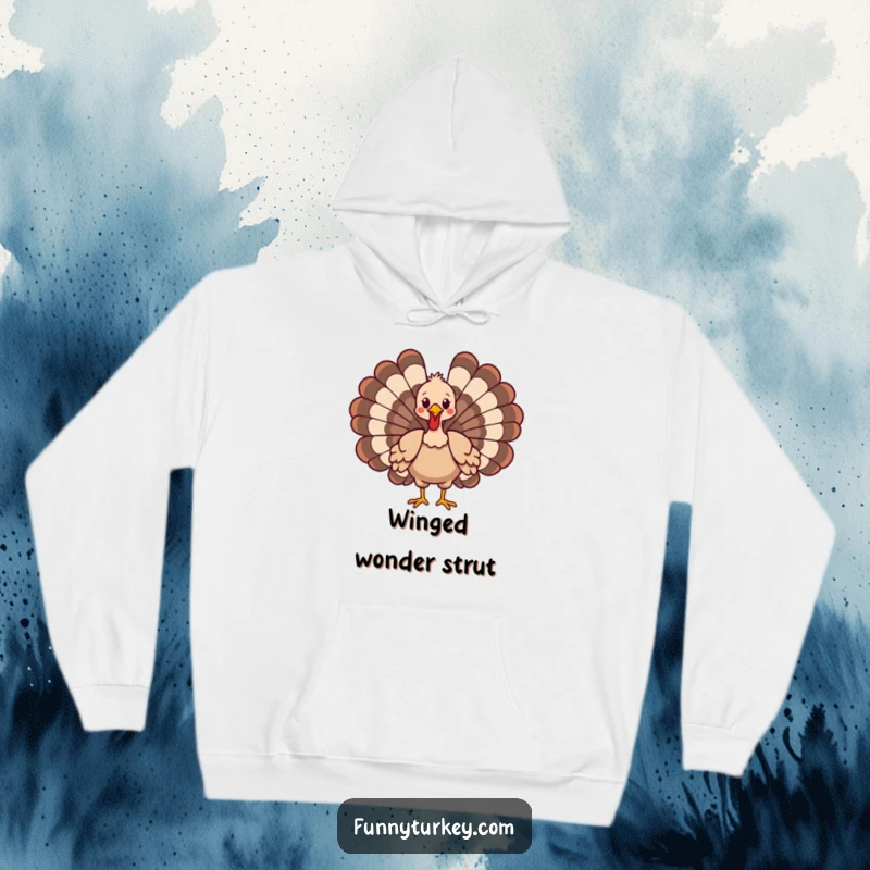 Soft hoodie featuring a funny cartoon turkey in a dramatic, wings-spread strut, perfect for cozy humor.