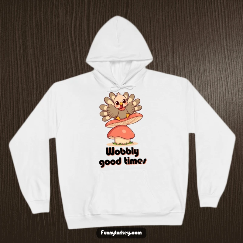 Funny Kawaii Turkey hoodie, a cute turkey character bouncing energetically on a large, wobbly mushroom, looking happy.