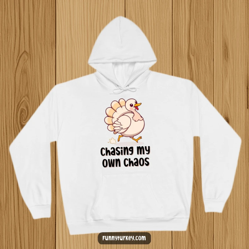Funny Hoodie: A playful turkey chases its tail in a funny, circular motion, perfect for cozy amusement.