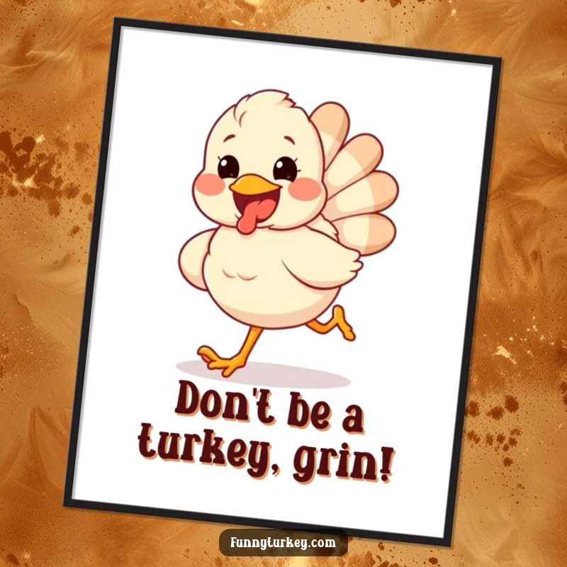 Funny Free Printable Wall Art: A fluffy turkey with an enormous, excited grin runs gleefully across the frame. Playful art.