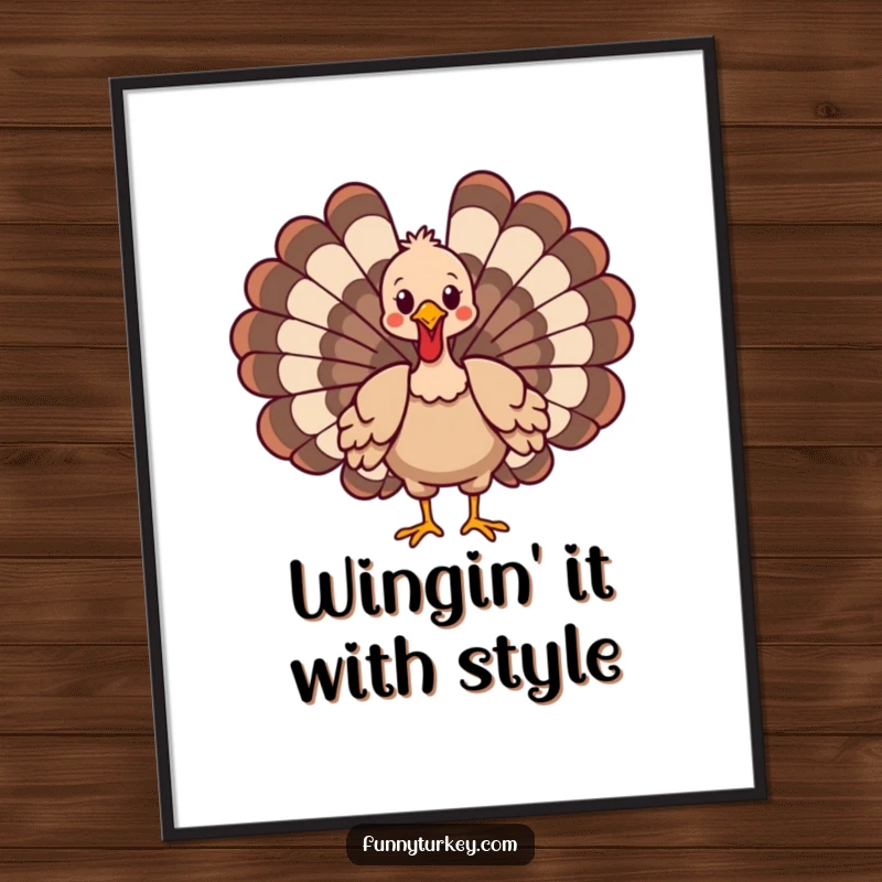 Funny Free Printable Wall Art: Cartoon turkey in a proud strut, wings spread wide, full of personality.