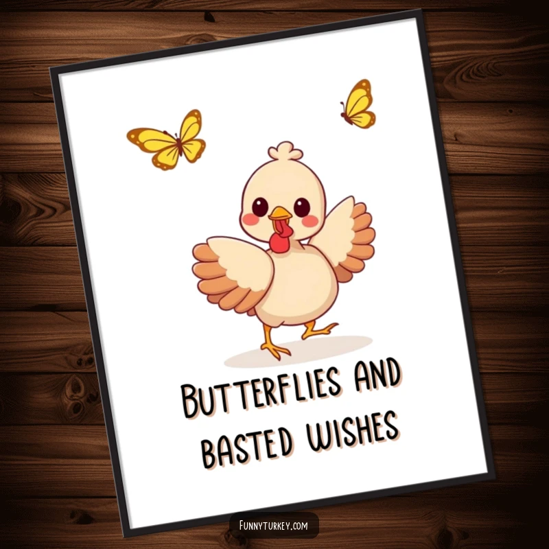 Funny Free Printable Wall Art: Amusing kawaii turkey gleefully chasing a tiny fluttering butterfly, full of playful energy.